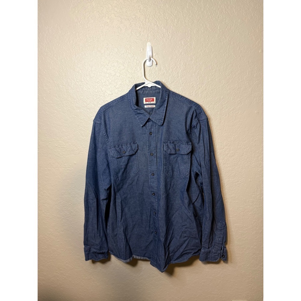 Wrangler Mens XL Denim Shirt Button Up Long Sleeve Blue Flex Comfort Casual
